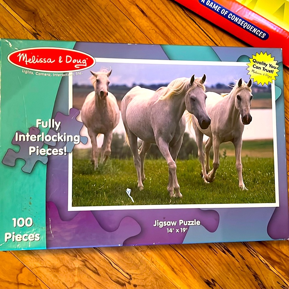 Melissa and Doug 14” x 19” white horses puzzle 100 piece ages 6+ kids children